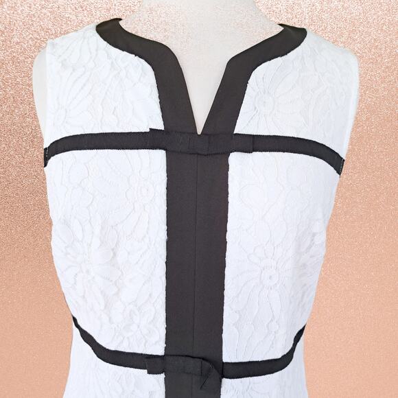 Karl Lagerfeld White Lace Sleeveless Sheath Dress Size 6 Black Contrast Trim Bow - Picture 5 of 10